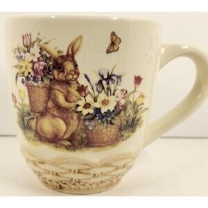 Cracker Barrel Easter Treasures Coffee Mug Cup Bunny & Floral Bouquets Basket